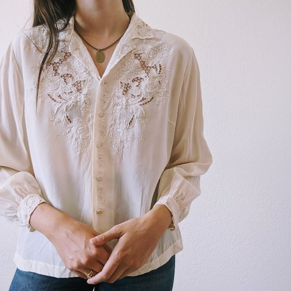 Vintage Tops - Vintage 80's Silk Hand Embroidered Floral Blouse L